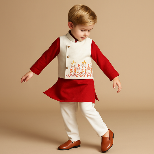 Pre Order: Ethnic Kurta With Embroidered Asymmetric Jacket And Pyjama