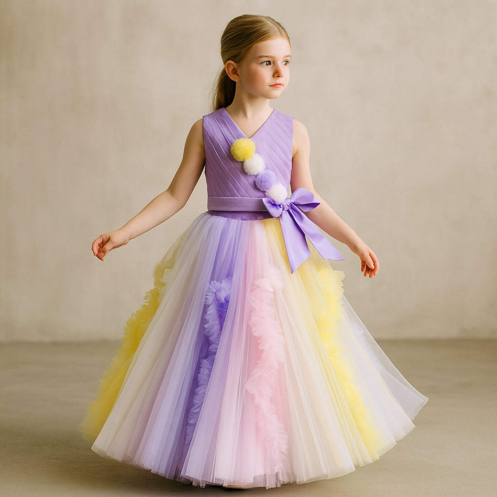 Pre Order: Lavender Tucks Top And Multicolour Frilly Lehenga