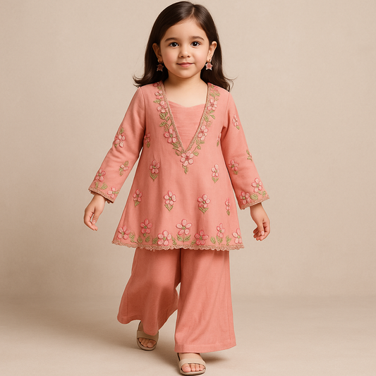 Pre Order:Pink Embroidered Kurti With Palazzo Set
