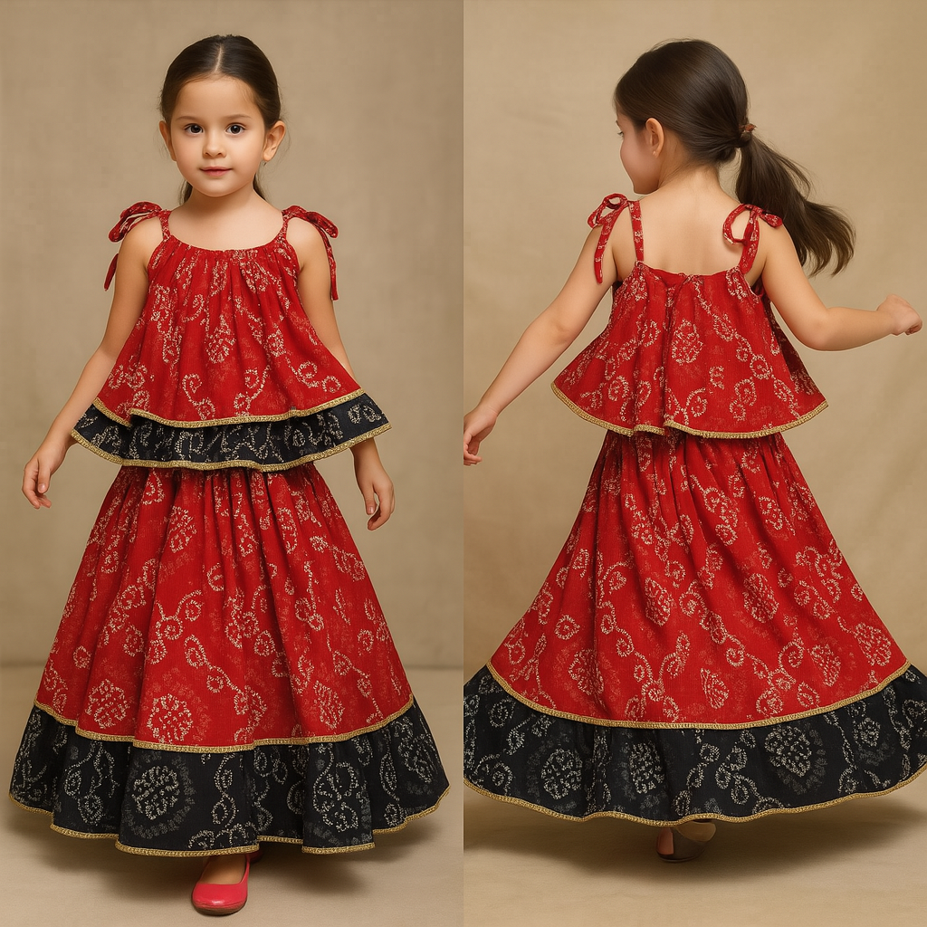 Pre Order: Bandhani Printed Red And Black Layered Top With Lehenga