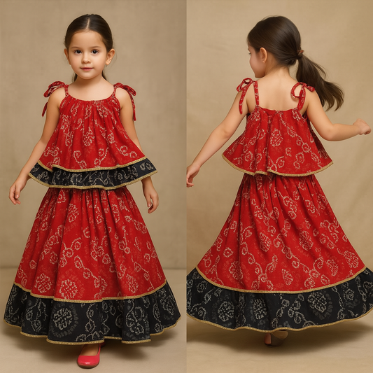 Pre Order: Bandhani Printed Red And Black Layered Top With Lehenga