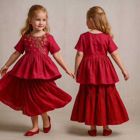 Pre Order: Yoke Embroidered Pink Top And Red Sharara