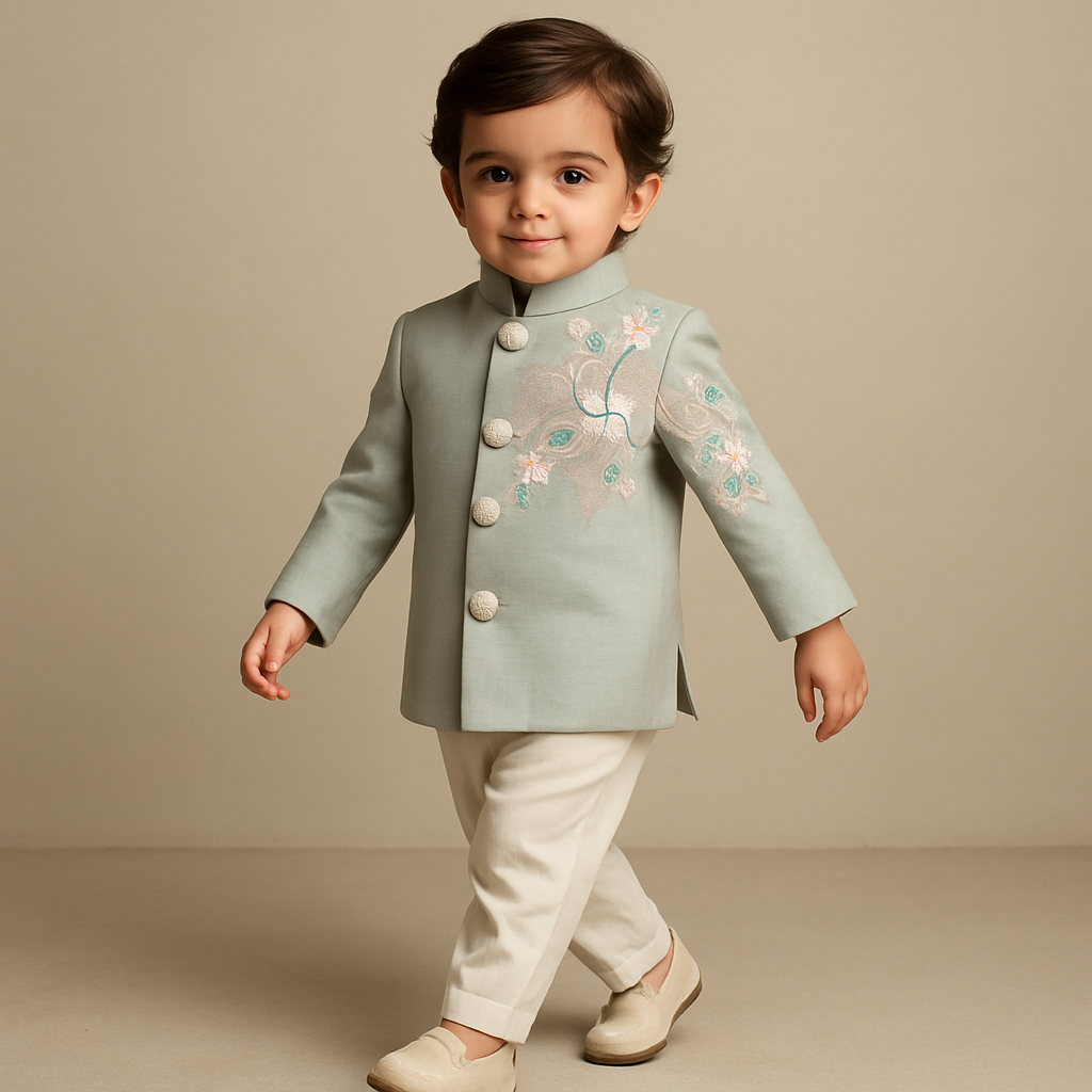 Pre Order: Grey Beautiful Embroidered Sherwani With Cream White Pyjama