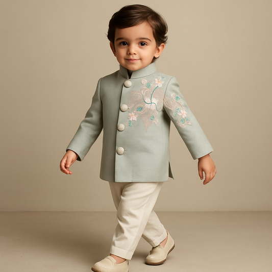 Pre Order: Grey Beautiful Embroidered Sherwani With Cream White Pyjama
