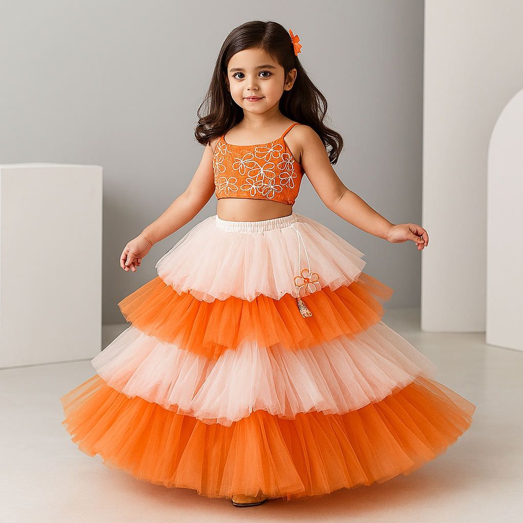 Pre Order: Orange Butterfly Embroidered Strappy Top And Multi-Layered Net Lehenga