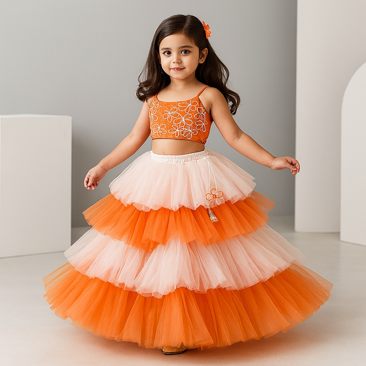 Pre Order: Orange Butterfly Embroidered Strappy Top And Multi-Layered Net Lehenga