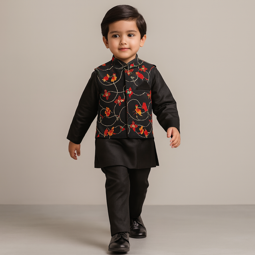Pre Order: Ethnic Elegant Kurta With Pocket Detail Printed Jacket And Pyjama