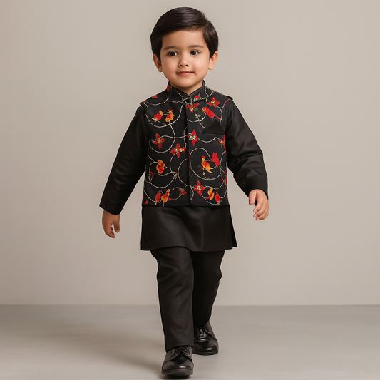 Pre Order: Ethnic Elegant Kurta With Pocket Detail Printed Jacket And Pyjama