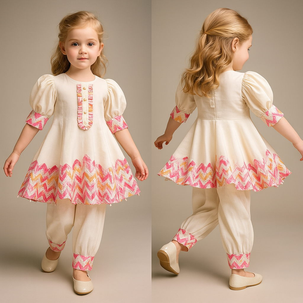 Pre Order: Printed Asymmetrical Hem Kurti And Stylish Pant With Net Dupatta