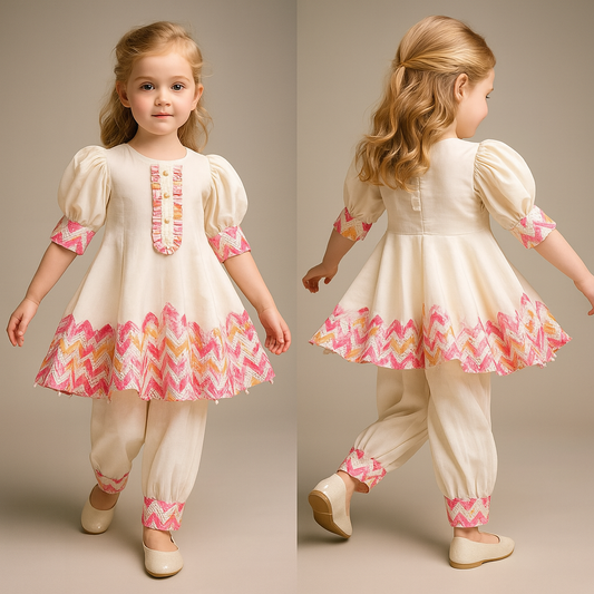 Pre Order: Printed Asymmetrical Hem Kurti And Stylish Pant With Net Dupatta