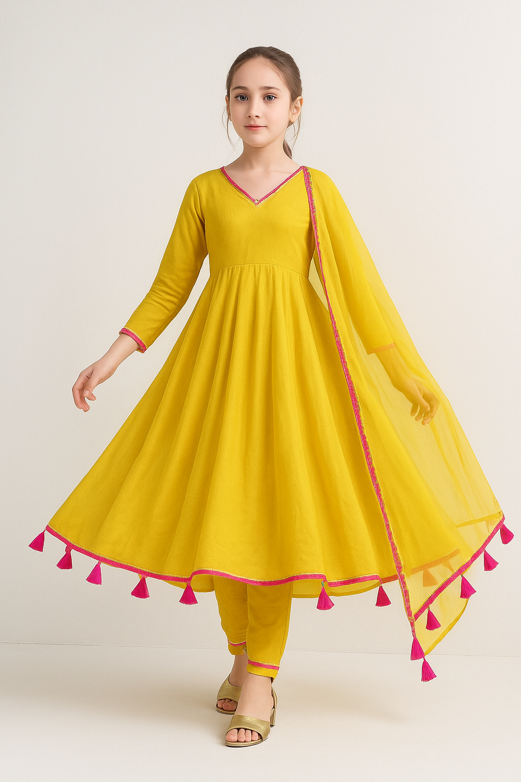 Pre Order: Yellow Anarkali with  Dupatta Lace Detailing