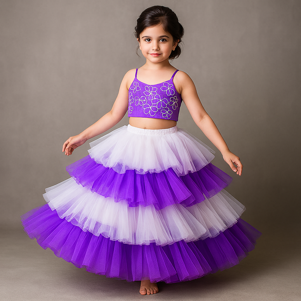 Pre Order: Purple Butterfly Embroidered Strappy Top And Multi-Layered Net Lehenga