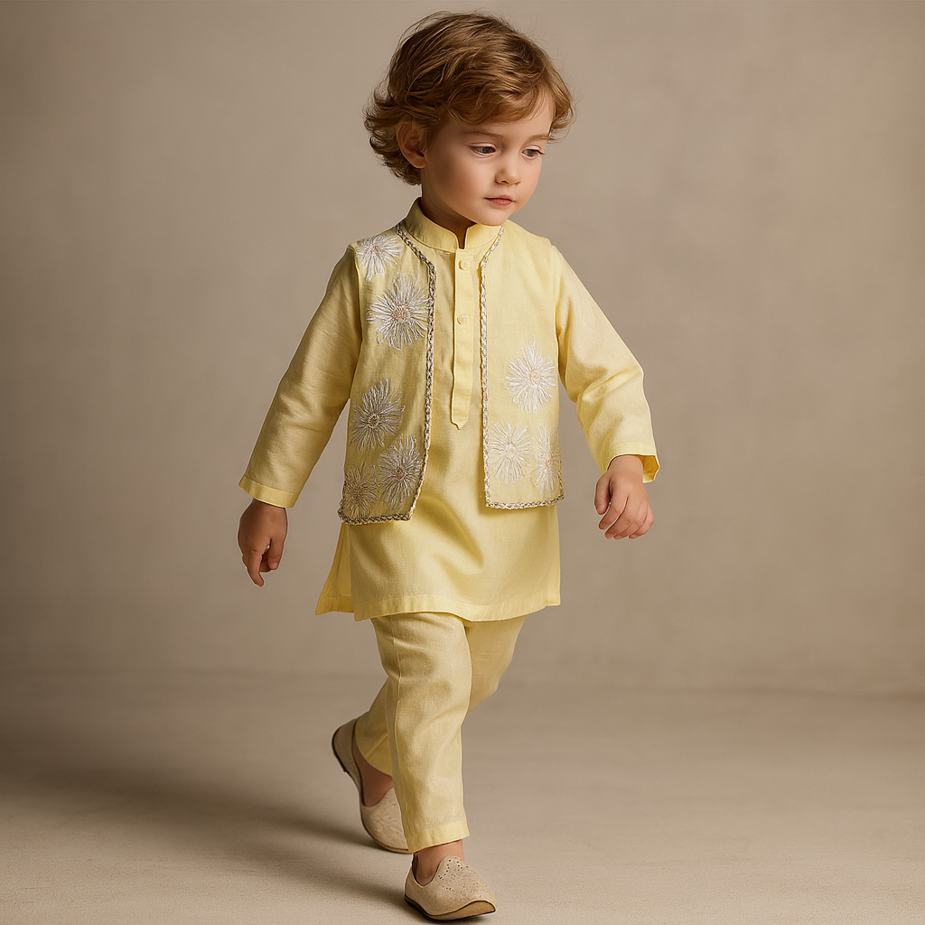 Pre Order: Yellow Kurta With Front Open Embroidered Jacket And Pyjama