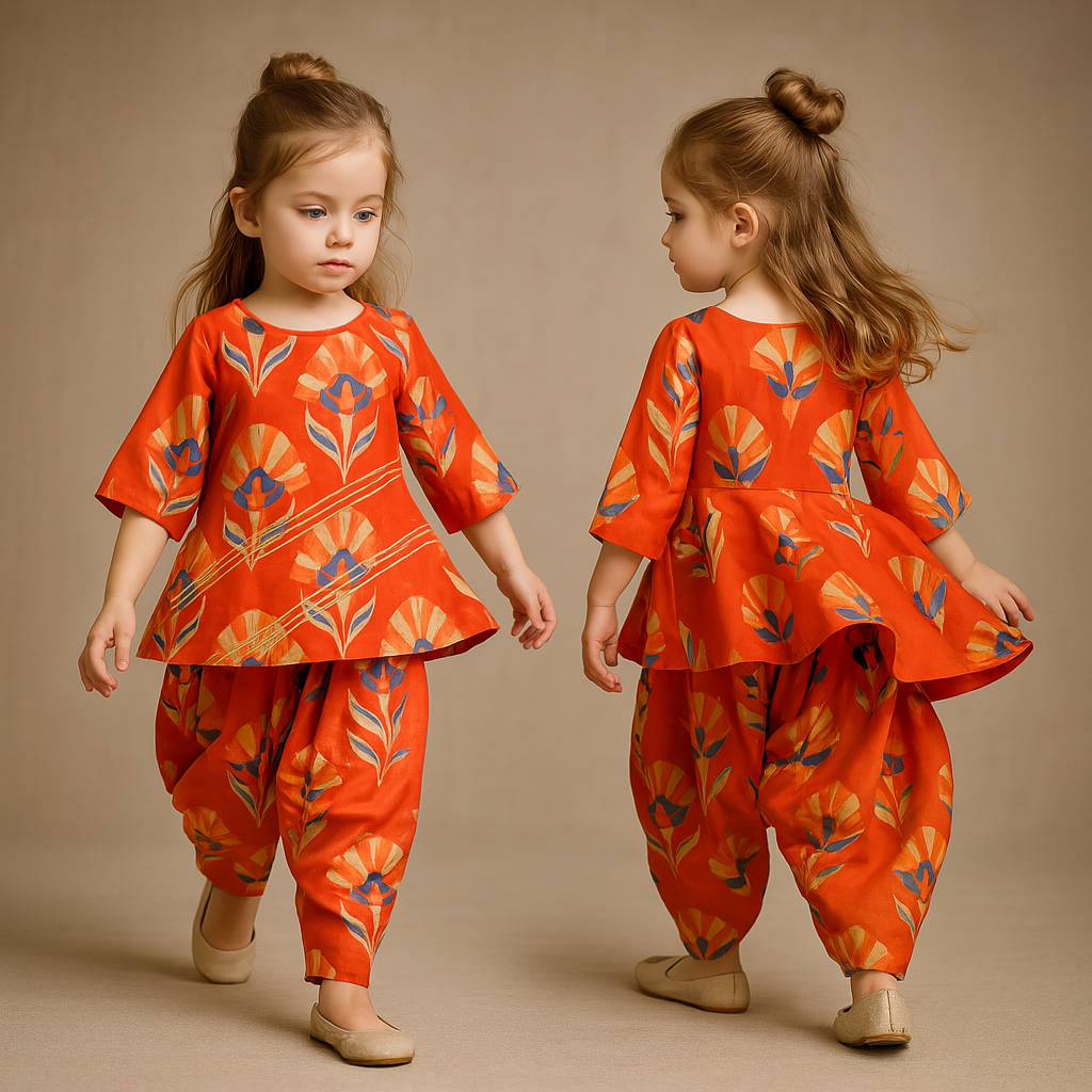 Pre Order: Printed Orange Kurti And Patiala With Matching Dupatta