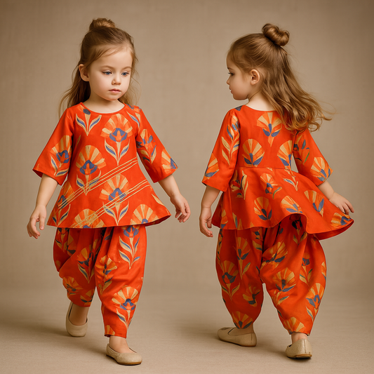 Pre Order: Printed Orange Kurti And Patiala With Matching Dupatta