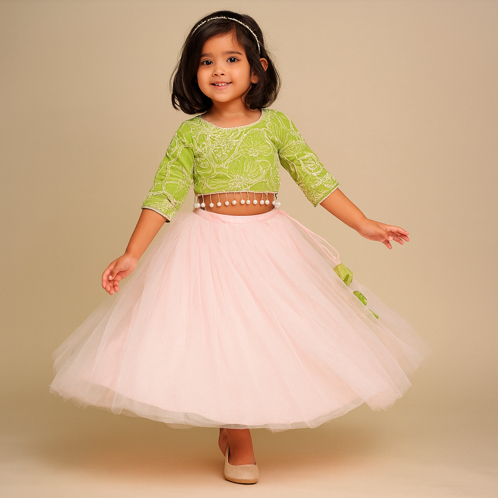 Pre Order: Adorable Floral Embroidered Top With Tulle Lehenga