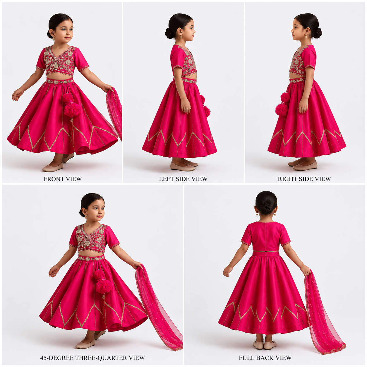 Pre Order: Floral Embroidered Pink Top And Lenega With Matching Net Dupatta