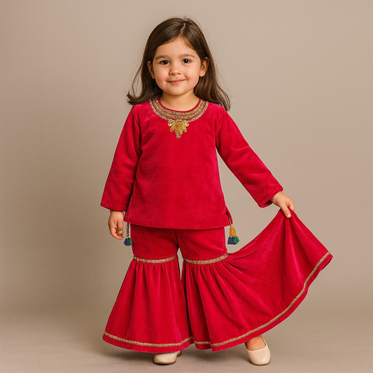 Pre Order:Contrasting Fringes Detailed Velvet Top With Sharara