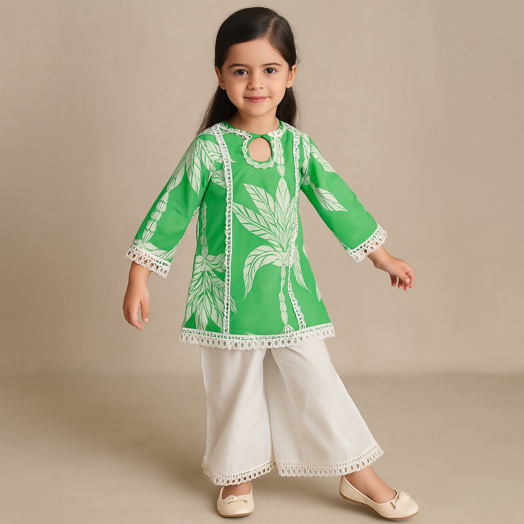 Pre Order: Floral Printed Lace Detailed Kurti With Palazzo