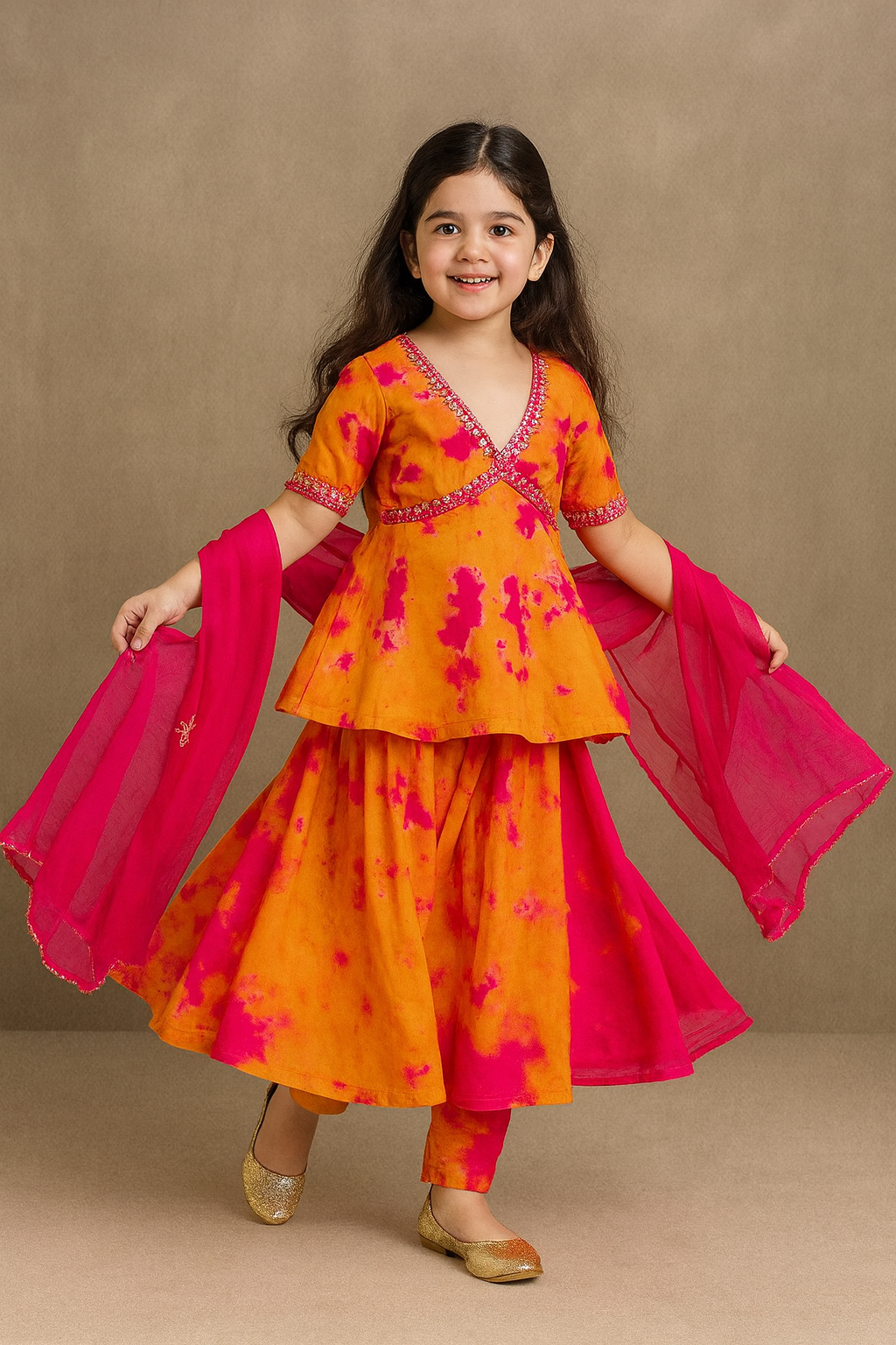 Pre Order: Orange Tie & Dye Kurti With Plazozo