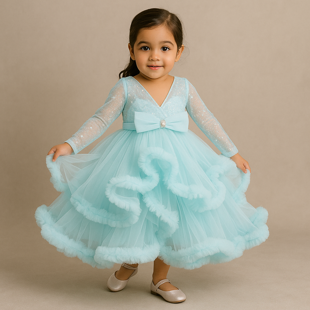 Pre Order: Sequins Embellished Blue Ruffle Layered Party Wear Gown