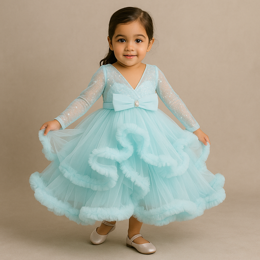 Pre Order: Sequins Embellished Blue Ruffle Layered Party Wear Gown