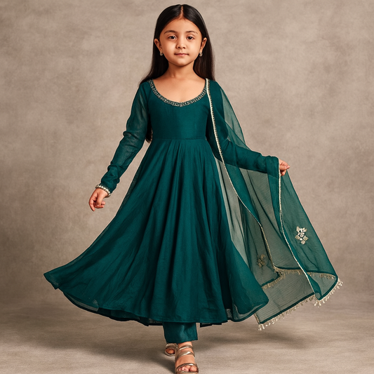Pre Order: Bottle Green Anarkali With Dupatta And Gota Detailing