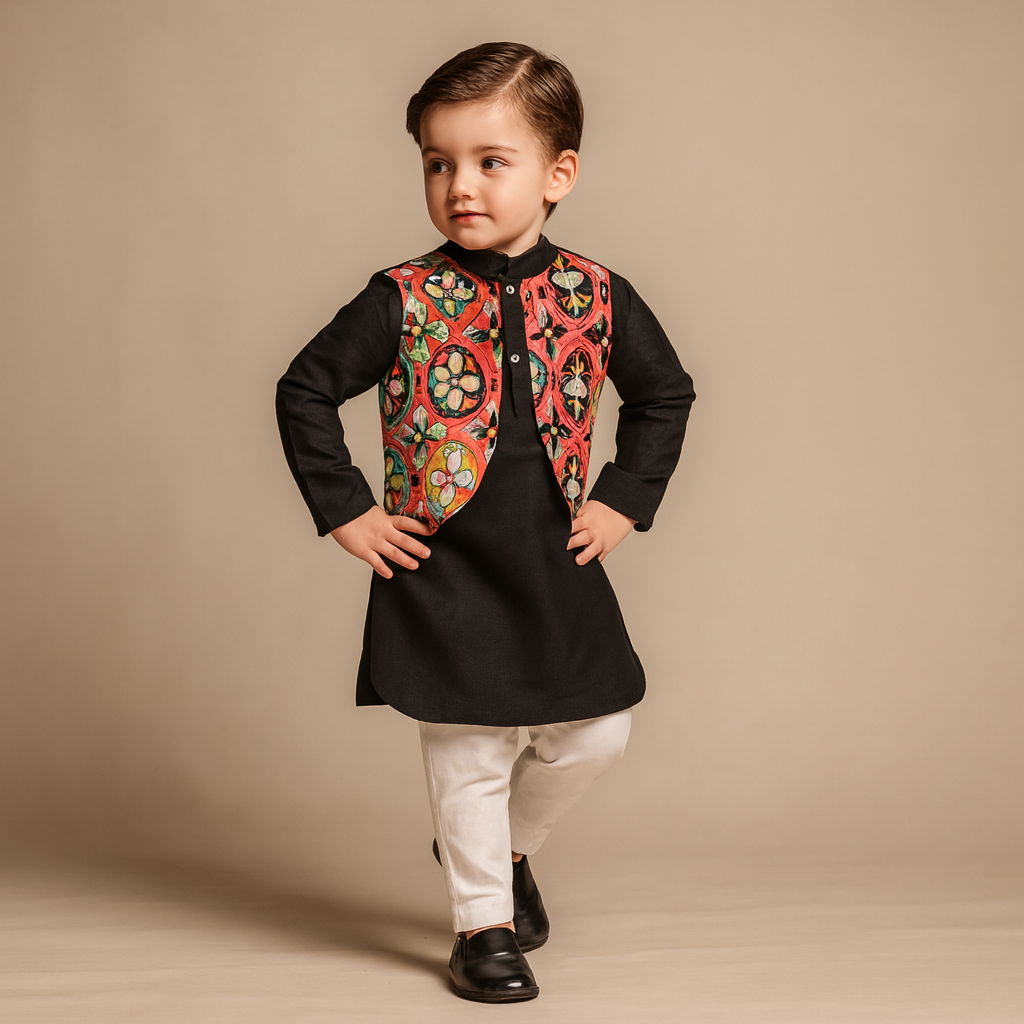 Pre Order : Abstract Printed Jacket Style Black Kurta And Pyjama