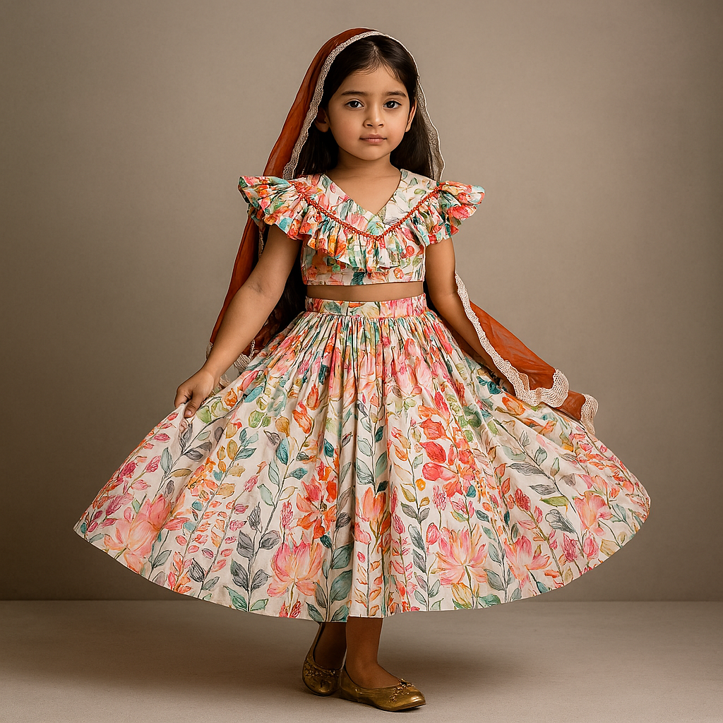 Pre Order: Multicolour Floral Printed Cape Top And Flared Lehenga With Net Dupatta