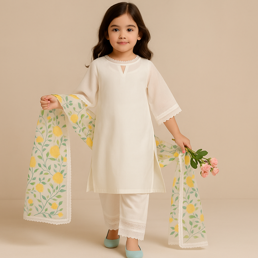 Pre Order: White Kurta Lace Detailing Suit Set