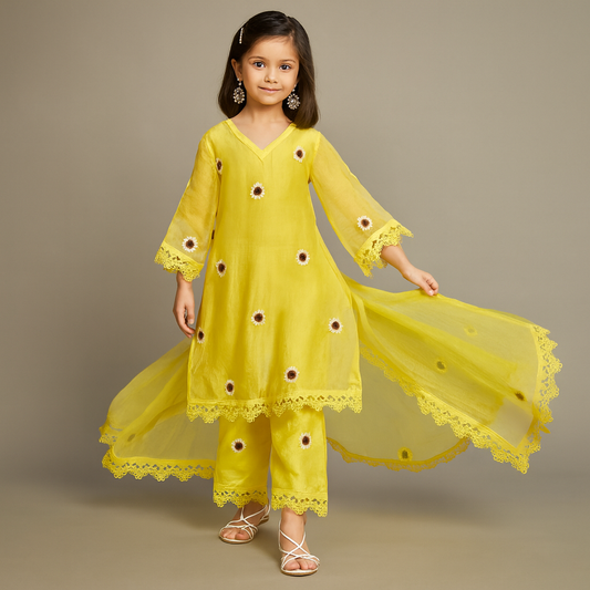 Pre Order: Yellow Kurti Lace Detailing Suit Set