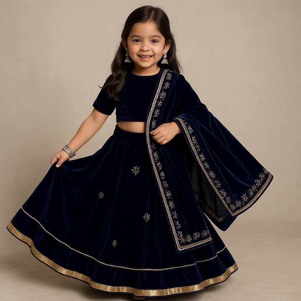 Pre Order: Royal Blue Velvet Embroidered Lehenga Set