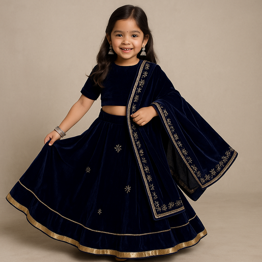 Pre Order: Royal Blue Velvet Embroidered Lehenga Set