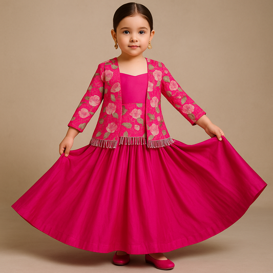 Pre Order:Pink Floral Print Top With Lehenga Set