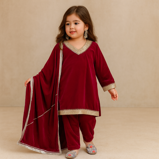 Pre Order: Pink Velvet Embroidered Dupatta Suit Set