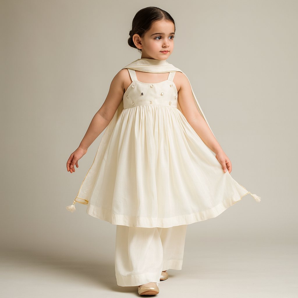 Pre Order: Elegant White Strappy Kurti With Palazzo And Dupatta
