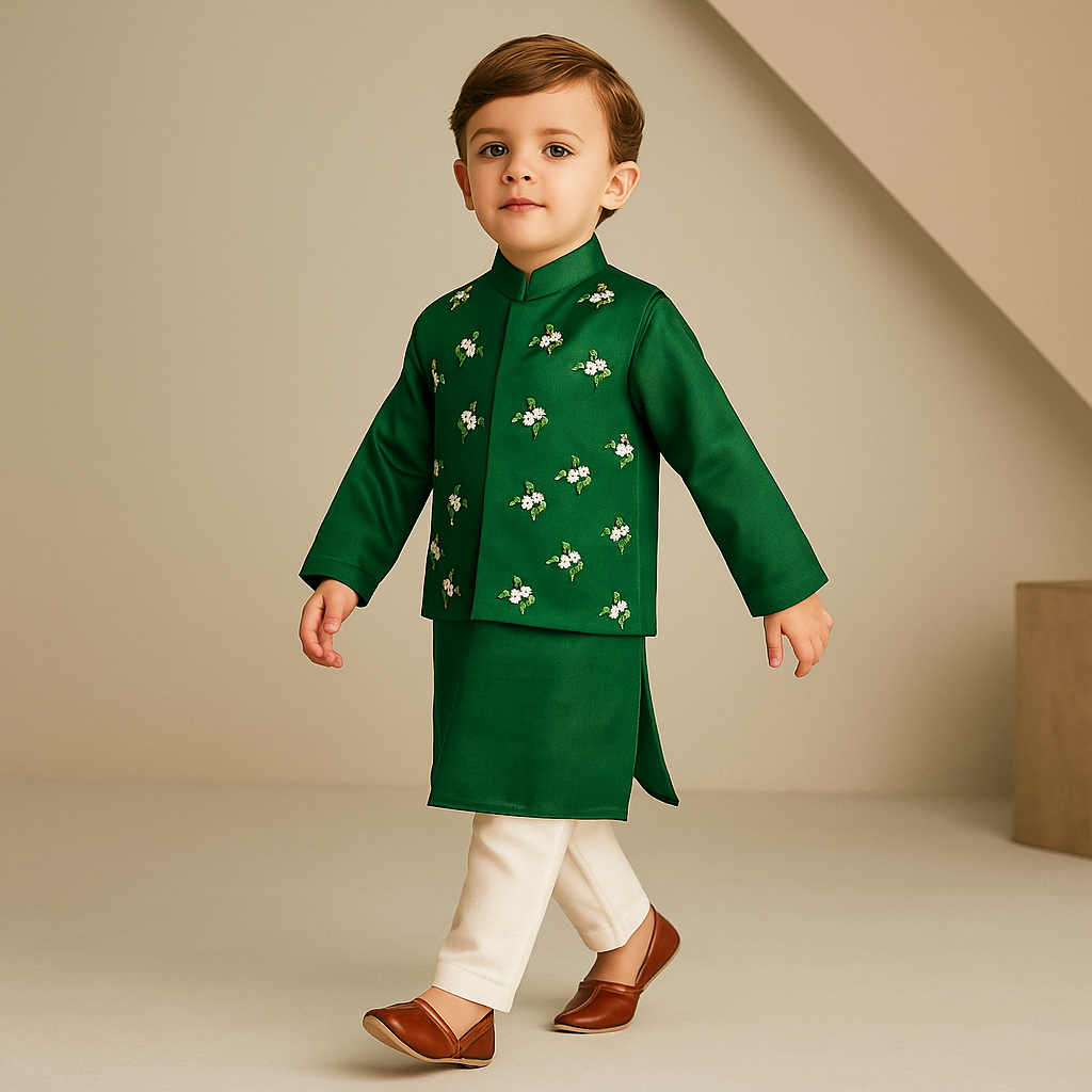 Pre Order: Ethnic Kurta With Floral-Embroidered Exquisite Jacket And Pyjama