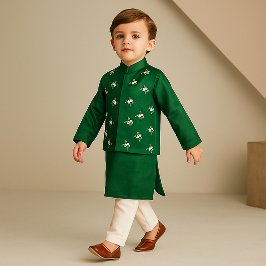 Pre Order: Ethnic Kurta With Floral-Embroidered Exquisite Jacket And Pyjama