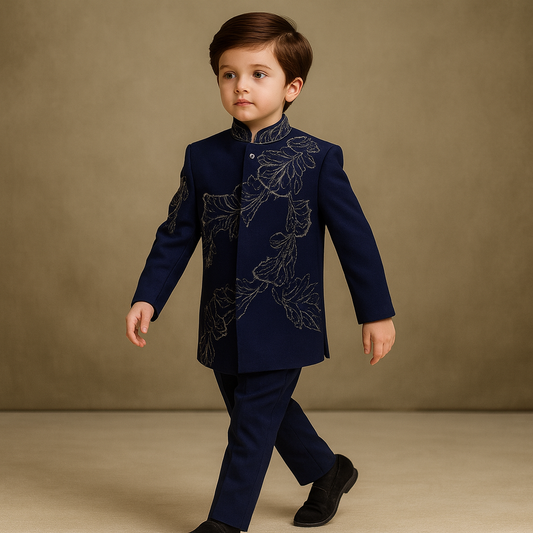 Pre Order: Navy Regal Bloom Embroidered Sherwani And Pant
