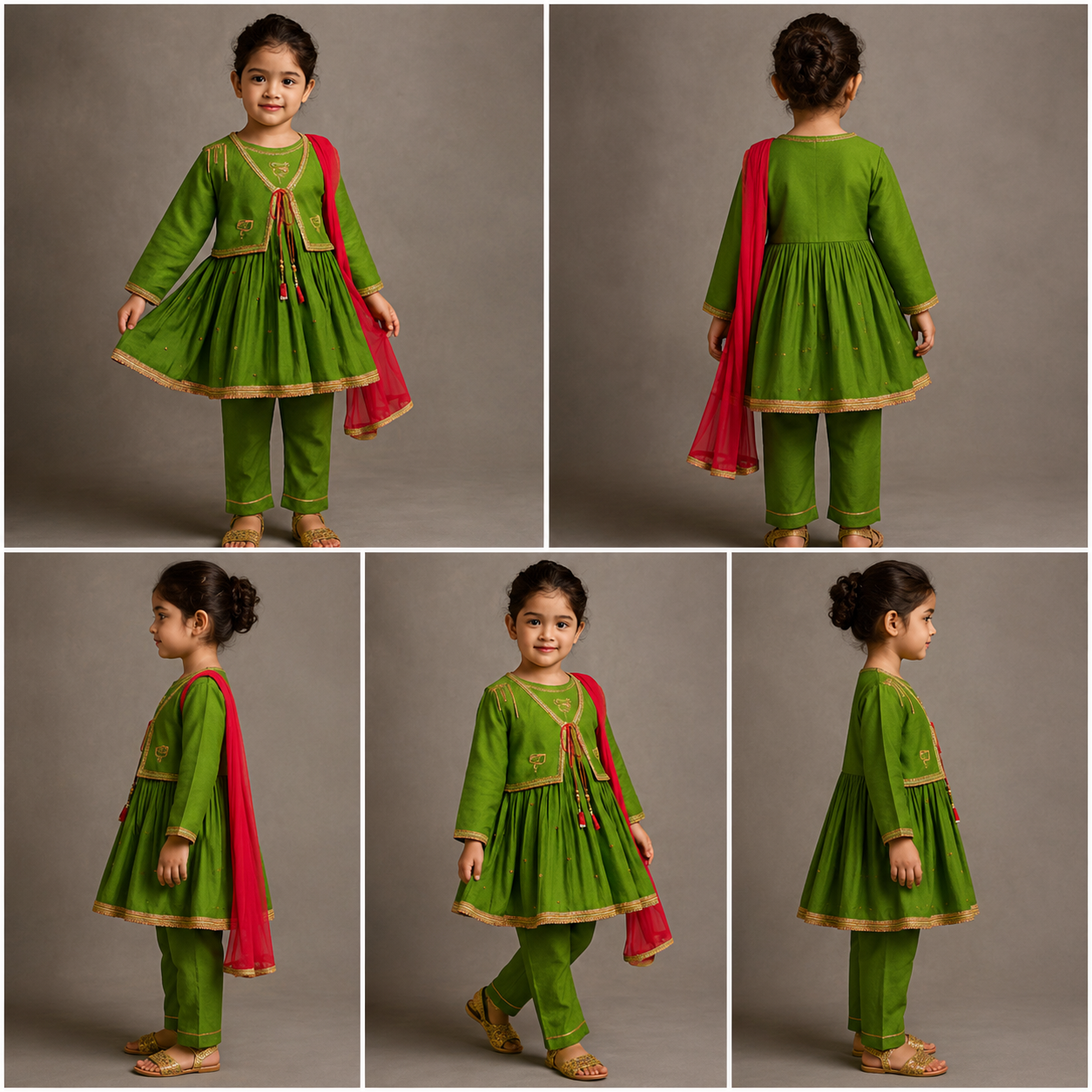Pre Order: Green Kurti With Vest Style Jacket And Pant And Dupatta