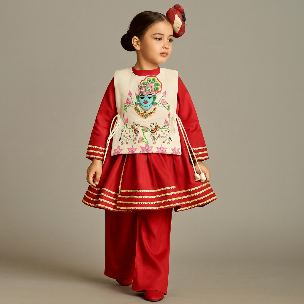 Pre Order: Red Angarkha With Side Tie Up Vest And Pant