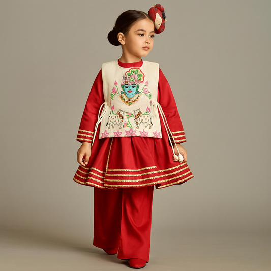 Pre Order: Red Angarkha With Side Tie Up Vest And Pant