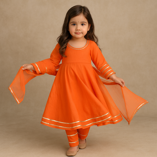 Pre Order: Gold And Orange Anarkali Set