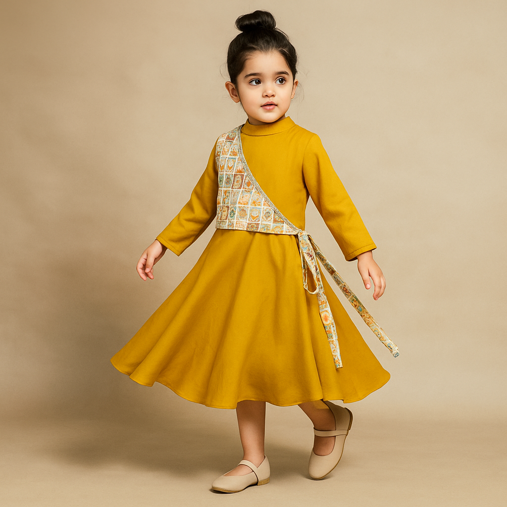 Pre Order: Mustard Flared Kurti With Multicolour Printed One Shoulder Attached Jacket