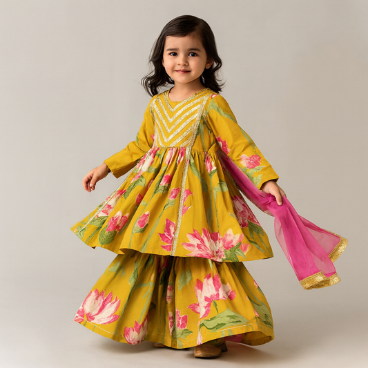 Pre Order: Floral Printed Cotton Lace Detailed Kurti With Sharara And Dupatta