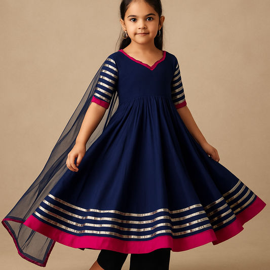 Pre Order: Royal Blue Anarkali with Dupatta Gota Detailing