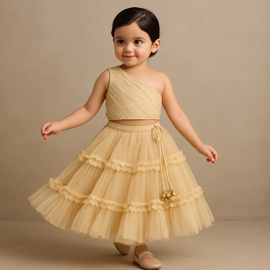 Pre Order: Elegant Beige Lace Work One Shoulder Top And Ruffle Lehenga