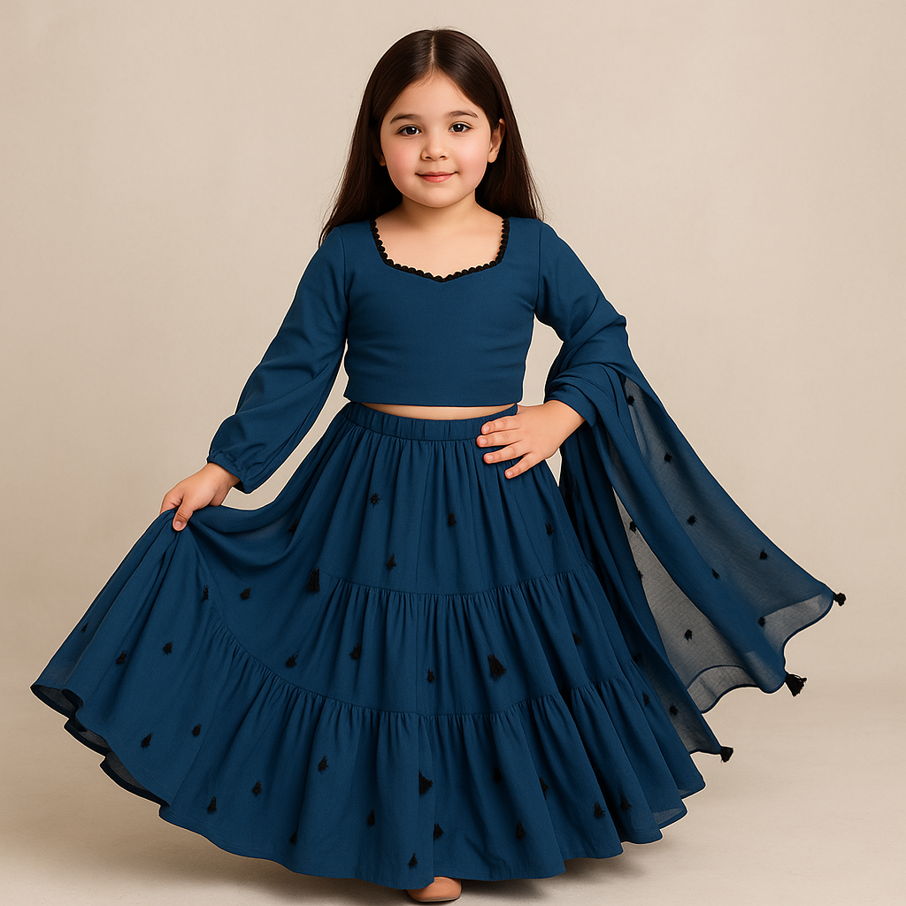 Pre Order:Teal Tassels Details Georgette Lehenga Set