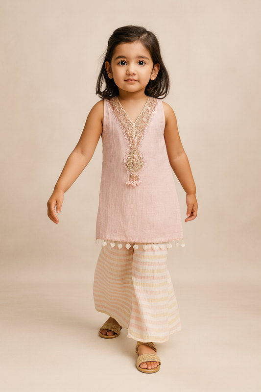 Pre Order: Sleeveless Beads Embroidered Embellished Kurti With Shimmery Palazzo