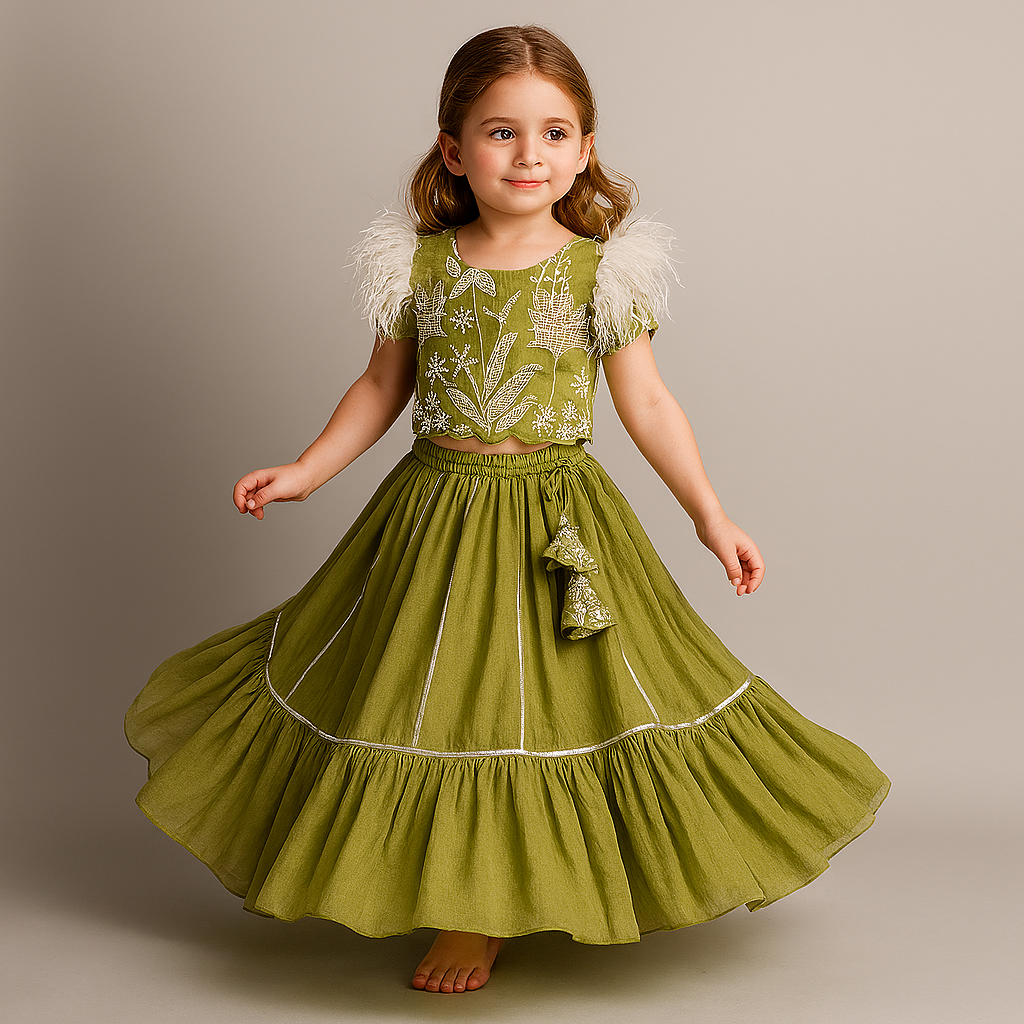 Pre Order:Mehendi Sequins And Embroidered Top With Frilly Hem Lehenga